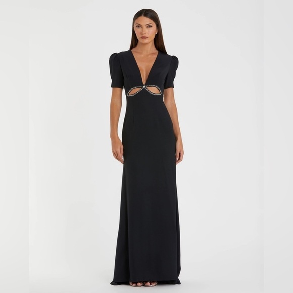 IEENA FOR MAC DUGGAL 2630 NWT  Black Plunge Neck Puff Sleeve Cut Out Gown - Picture 1 of 8
